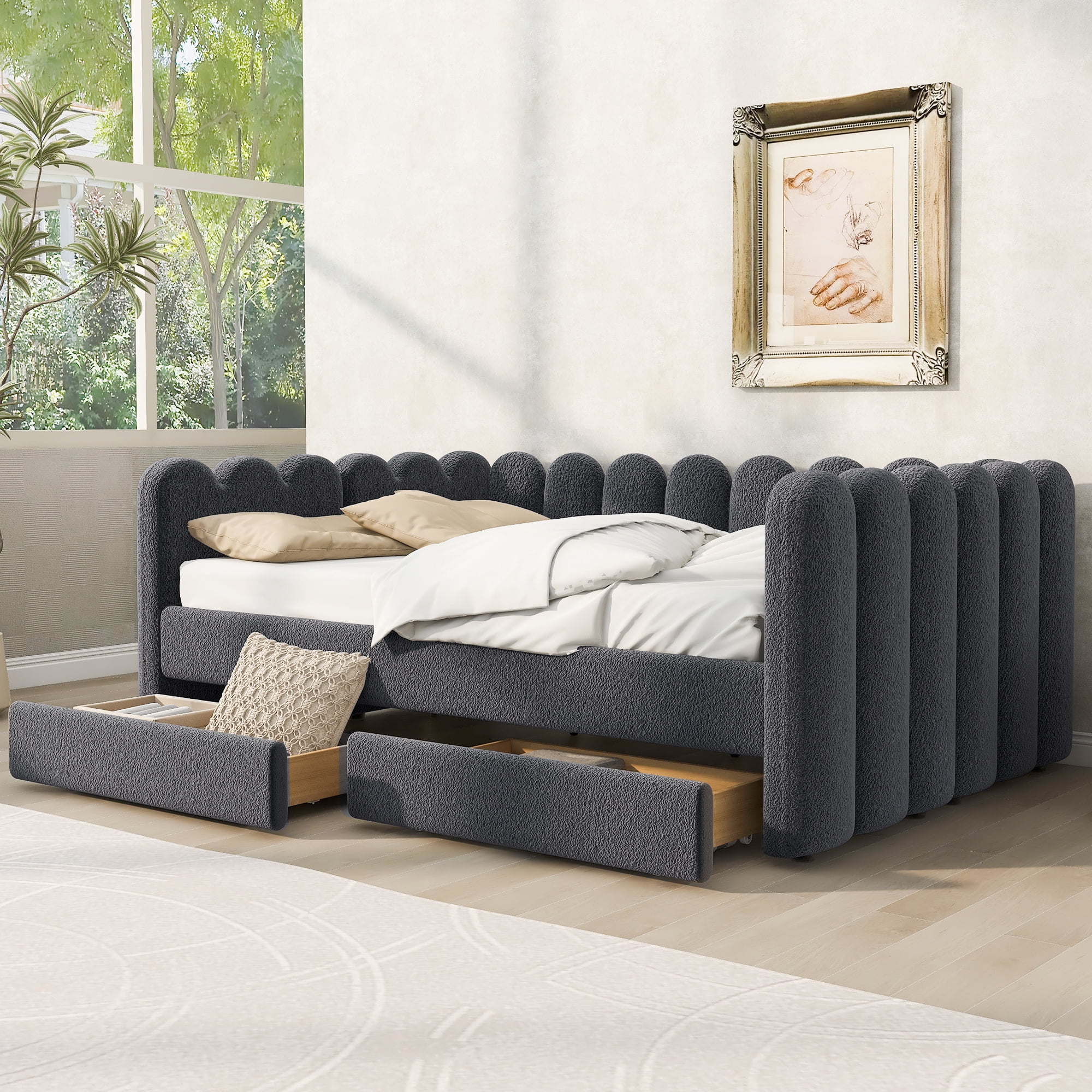 EUROCO Queen Size Upholstered Daybed with 2 Storage Drawers, Solid Wood Sofa Bed Frame, Easy Assembly, Space-Saving Design, Gray