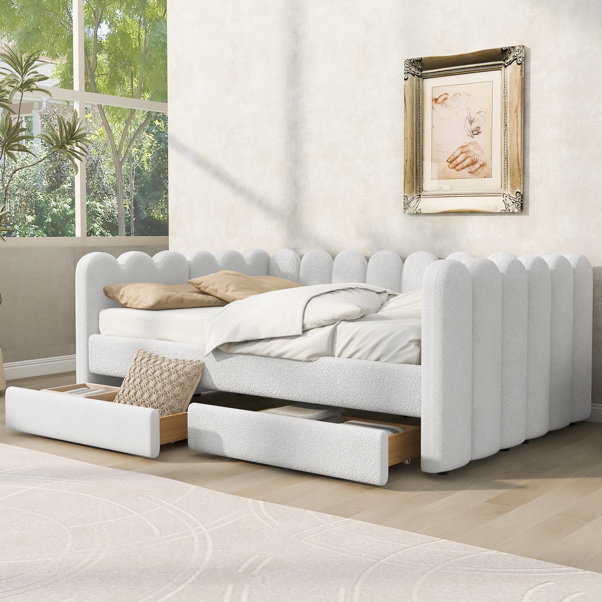 EUROCO Queen Upholstered Daybed with 2 Storage Drawers, Solid Wood Frame, Easy Assembly, Space-Saving Design, White