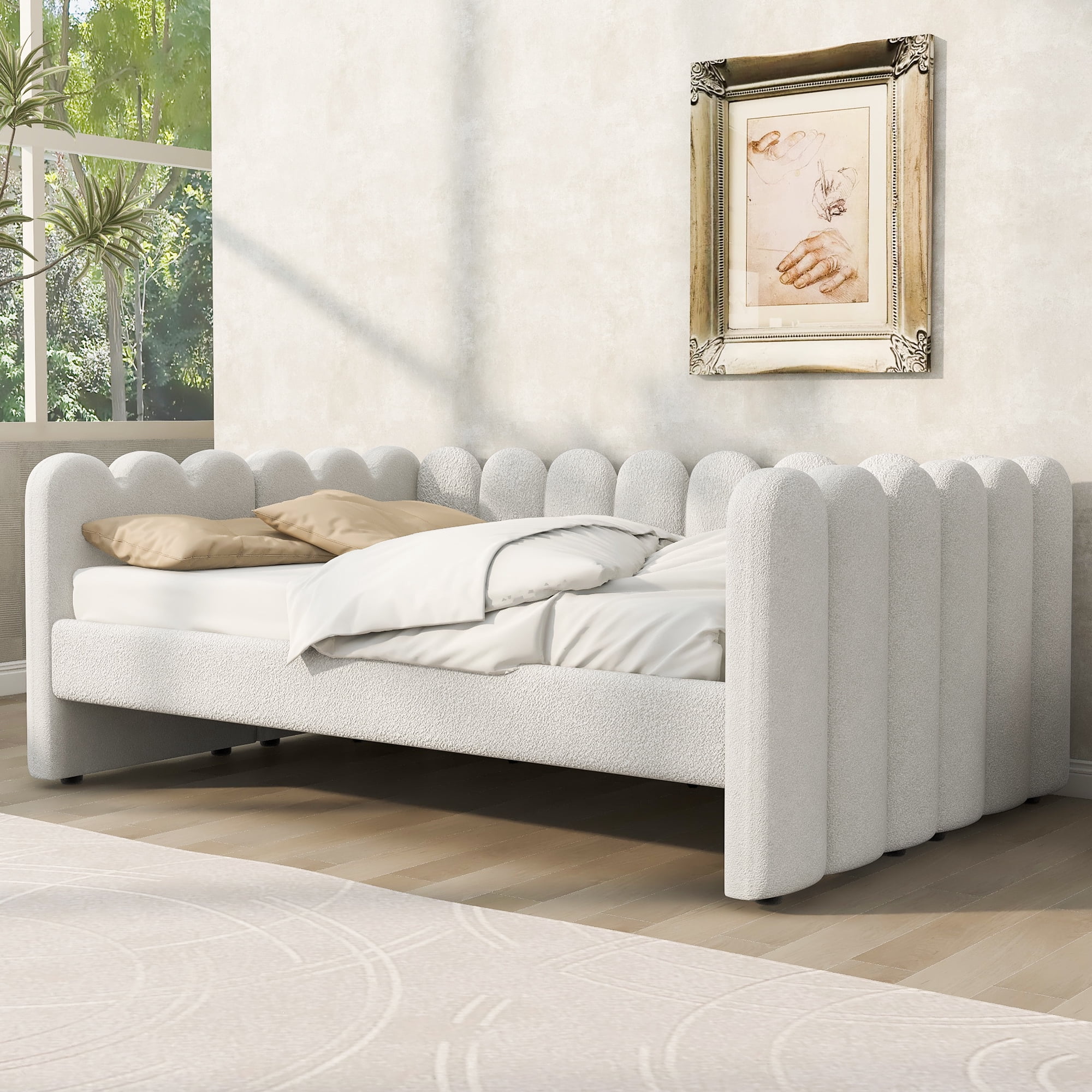 EUROCO Queen Size Upholstered Daybed with Sturdy Wood Slats, Solid Sofa Bed Frame, Easy Assembly, Space-Saving Design, White