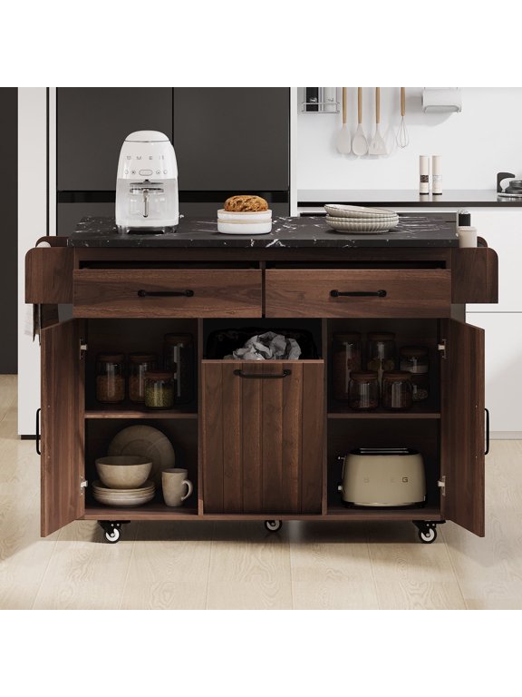500LBS Rolling Kitchen Island with 15 Gallon Storage Trash Can,Kitchen Cart Island with Drop Leaf,Tilt Out Kitchen Trash Cabinet with Spice Rack, Adjustable Shelf and Drawers,Brown