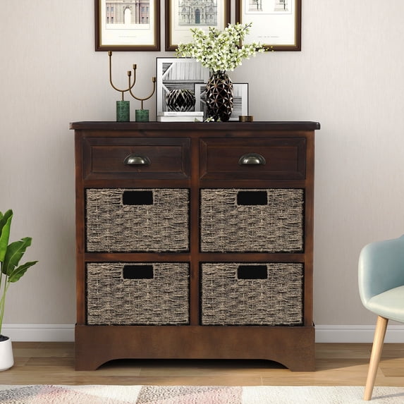 EUROCO Rustic Storage Cabinet with Two Drawers and Four Classic Rattan Basket, Wood Sideboard for Dining Room,Living Room, Espresso