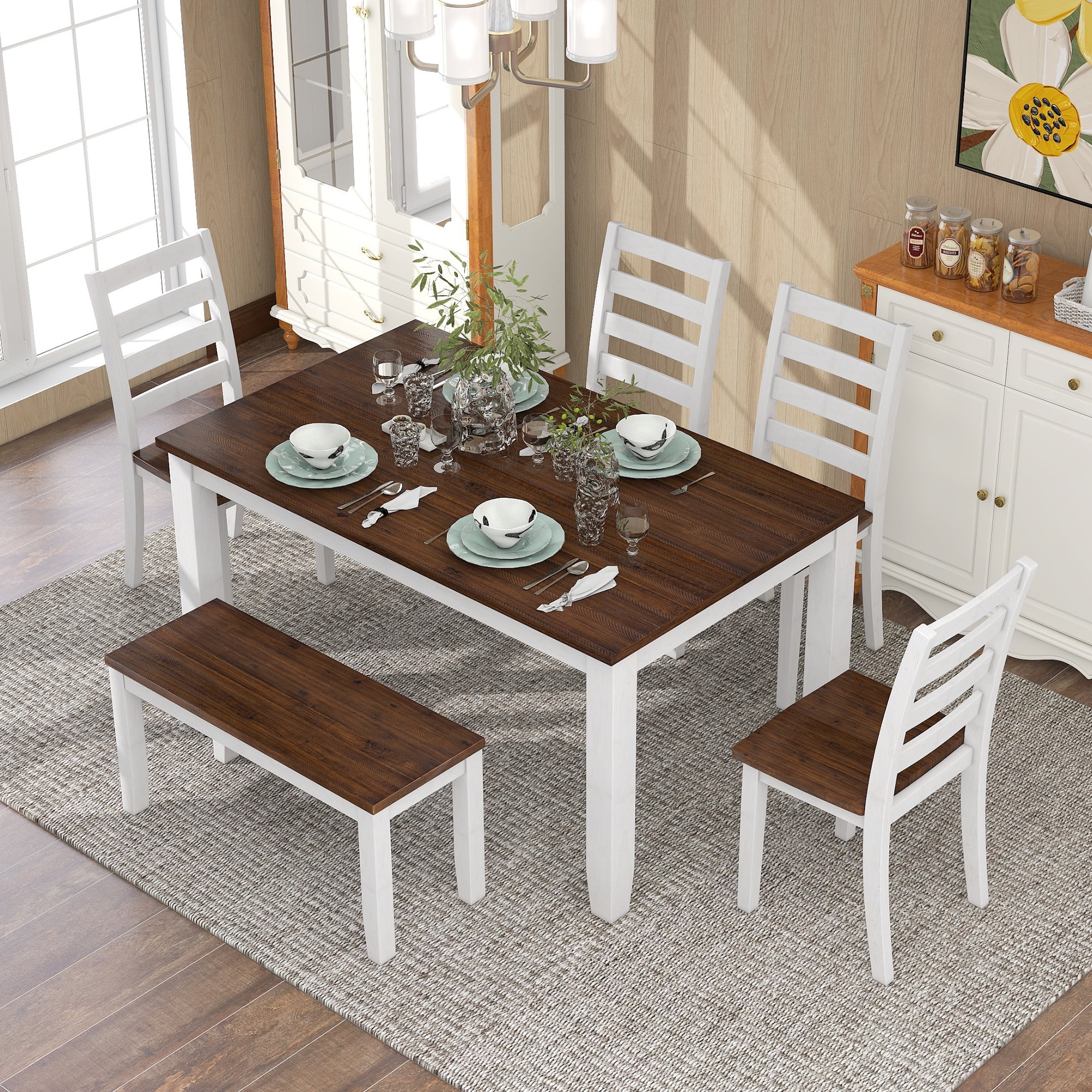 EUROCO Rustic Style 6-Piece Dining Room Table Set with 4 Ergonomic Designed Chairs & a Bench