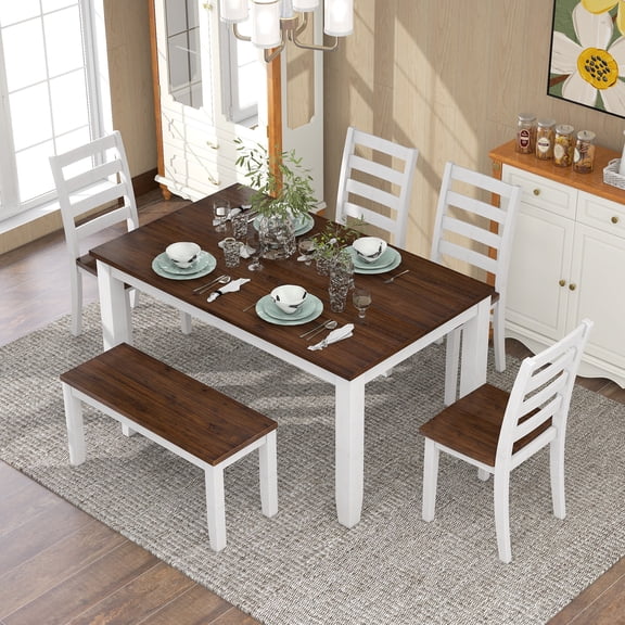 EUROCO Rustic Style 6-Piece Dining Room Table Set with 4 Ergonomic Designed Chairs & a Bench
