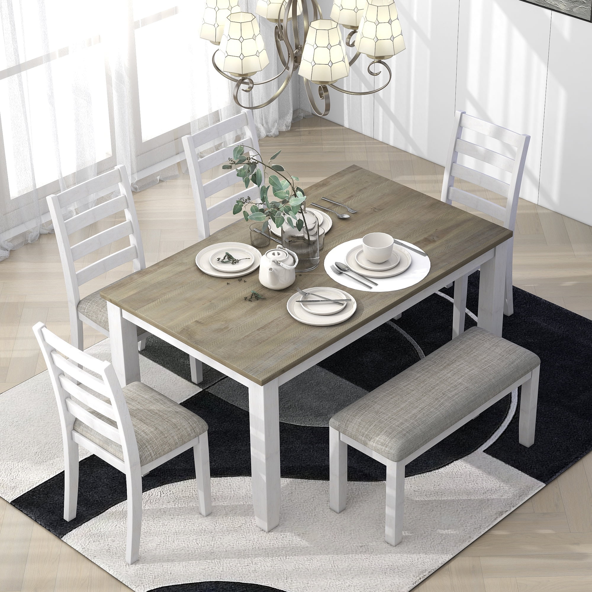 EUROCO Rustic Style 6-Piece Dining Room Table Set with 4 Upholstered ...
