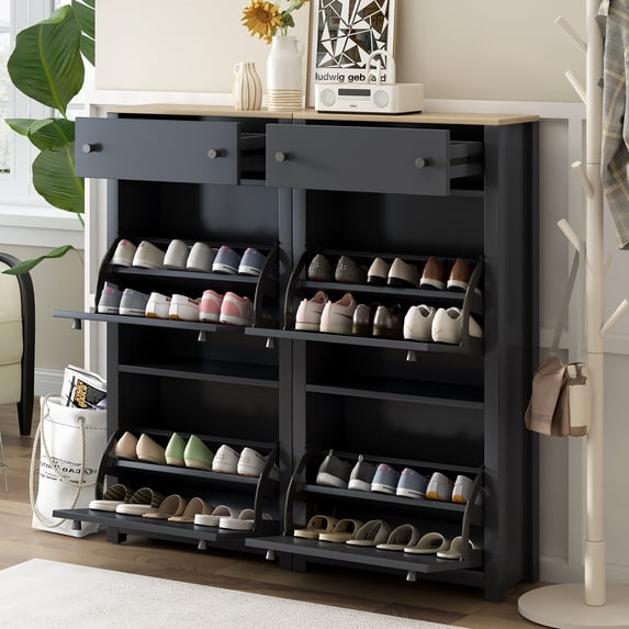 EUROCO Shoe Cabinet with 4 Flip Drawers and Adjustable Panels,Freestanding Shoe Racks Storage with Wood Grain Pattern Top, Shoe Rack Organizer Entrance Narrow Closet for Entryway Hallway, Black