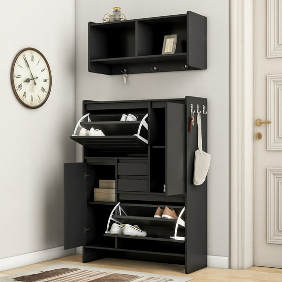 EUROCO Shoe Cabinet with Wall Cabinet, Multi-Functional Foyer Cabinet up to 20 pairs with 2 Flip Drawers, 6 Hooks and 4 cabinets for Hallway, Black