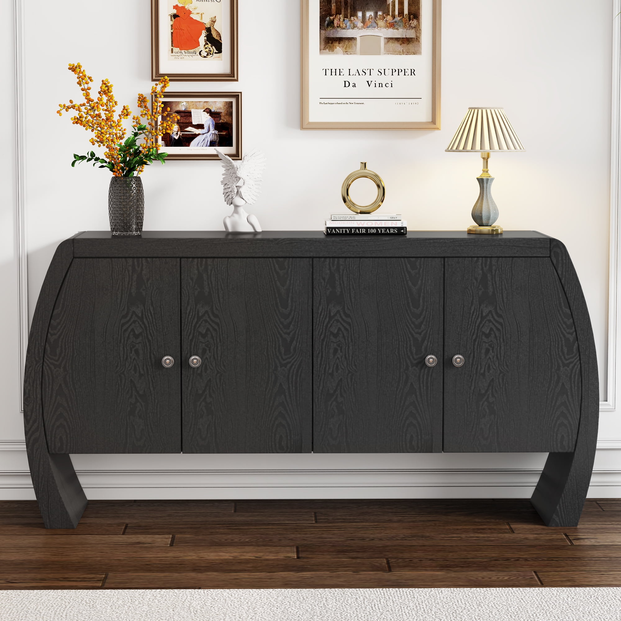 EUROCO Sideboard Buffet Cabinet with Storage,58.6" Large Storage Cabinet with 4 Doors,Shelves and Curved Legs,Wood Coffee Bar Cabinet for Kitchen, Living Room, Hallway, Entryway,Black
