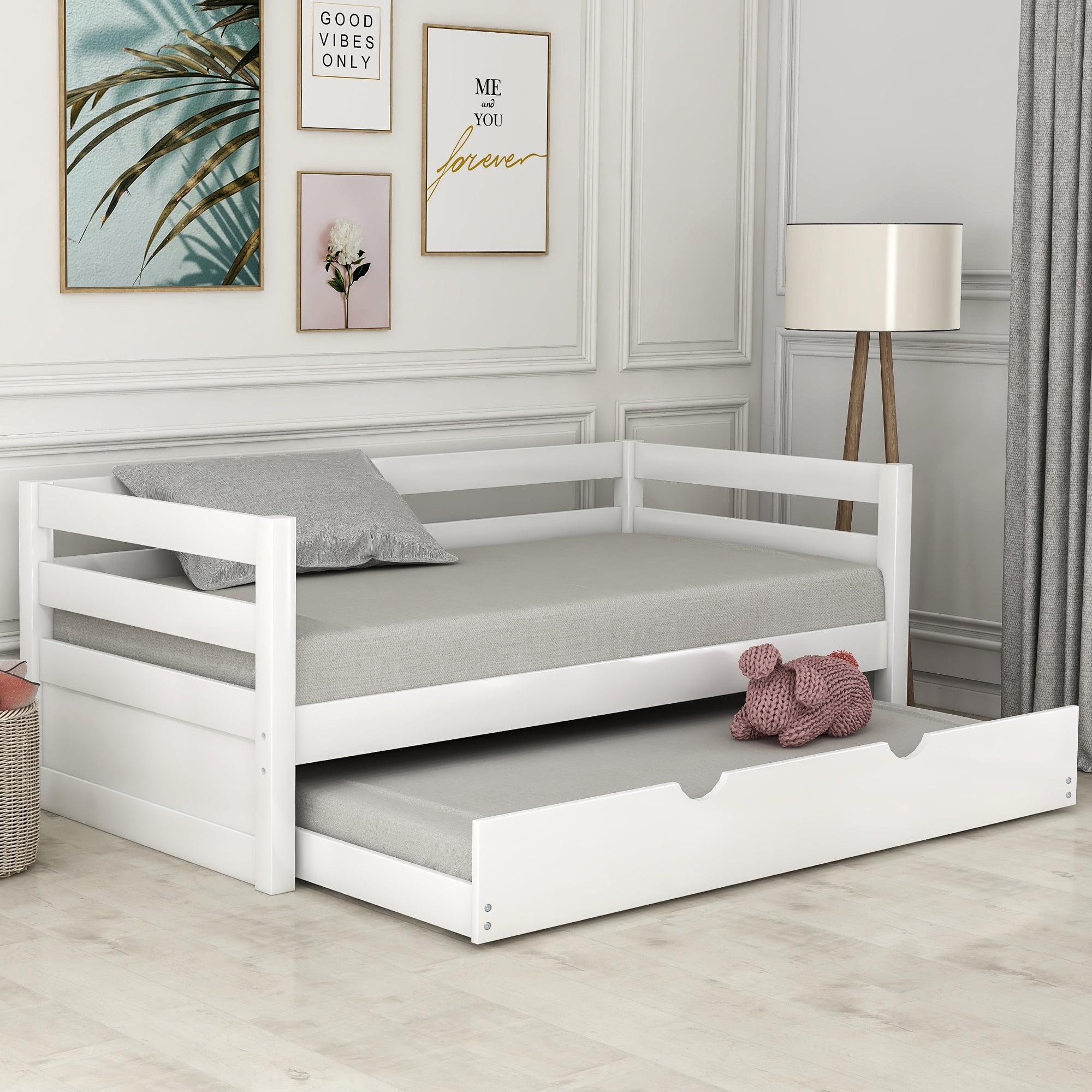 EUROCO Solid Wood Daybed with Trundle, Twin for Kids Bedroom, White