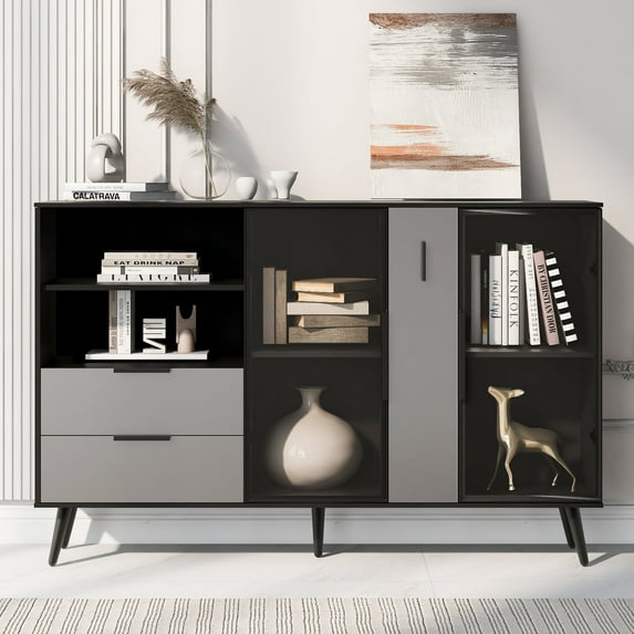 EUROCO Storage Sideboard,Free Standing Buffet Cabinet with 2 Doors , 2 Drawers,Metal Handles and 2 Fashionable Colors for Living Room Study Entrance Corridors