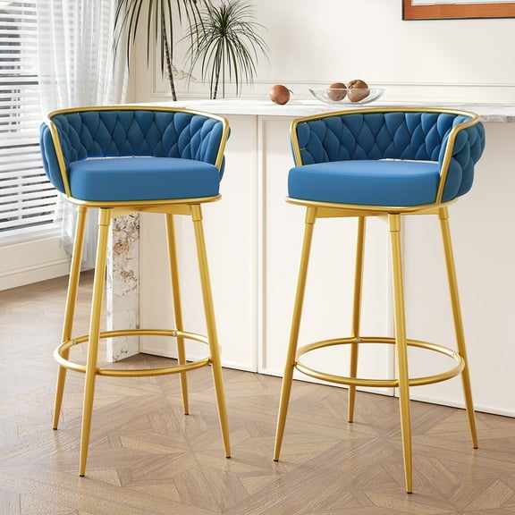 EUROCO Swivel Counter Height Bar Stools Set of 2, 31.5" Upholstered Bar Chairs with Hand-Woven Backrest & Gold Metal Legs,Tall Armless Kitchen Chairs for Island,Blue