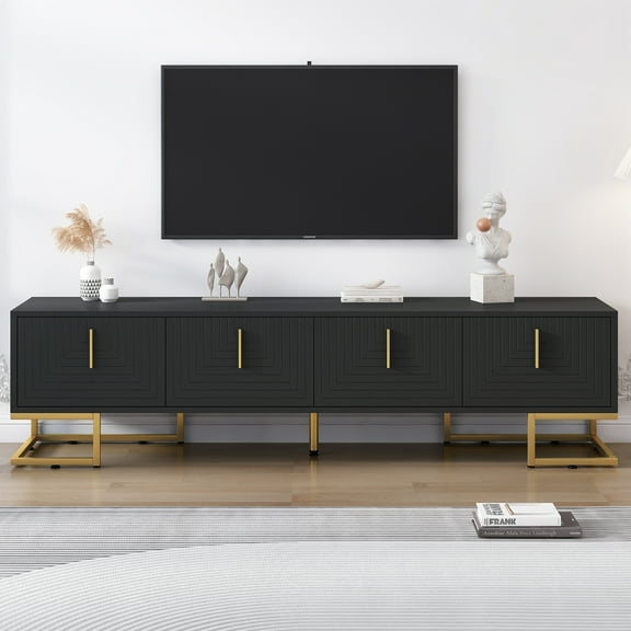 Euroco TV Stand Up to 80" Television,Entertainment Center with Storage,4-Doors Media Console Table with Metal Handle,Gold Legs,Adjustable Shelves