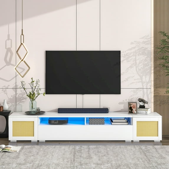 EUROCO TV Stand Extended Console for TVs Up to 90”,Rattan Style Entertainment Center with Push to Open Doors,Modern TV Stand with Color Changing LED Lights for Home Theatre,White