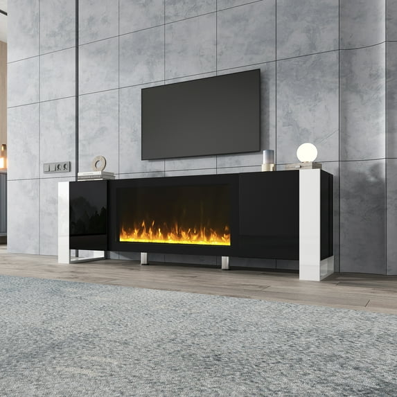 EUROCO TV Stand for 70" TV Entertainment Center TV Media Console Table with 34.2" Electric Fireplace, 2 Cabinets, Black