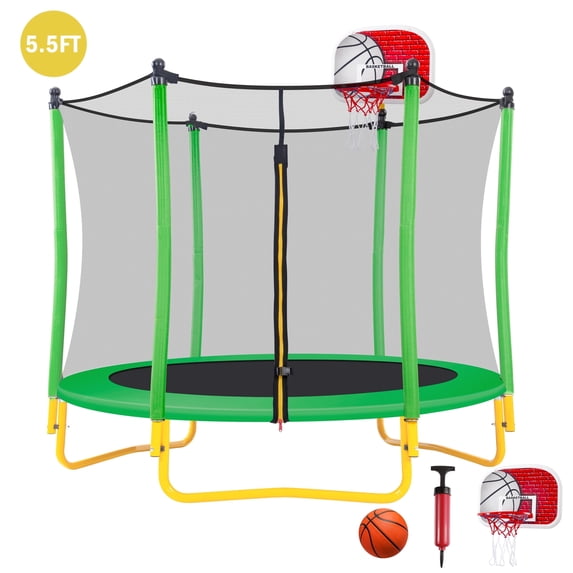 EUROCO 65" Trampoline for Kids - 5.5FT Outdoor & Indoor Mini Toddler Trampoline with Enclosure, Basketball Hoop and Ball Included