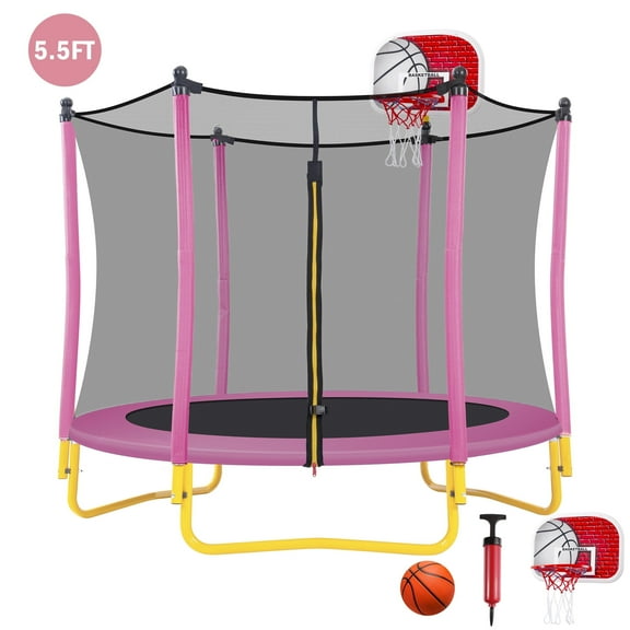 EUROCO 65" Trampoline for Kids - 5.5FT Outdoor & Indoor Mini Toddler Trampoline with Enclosure, Basketball Hoop and Ball Included
