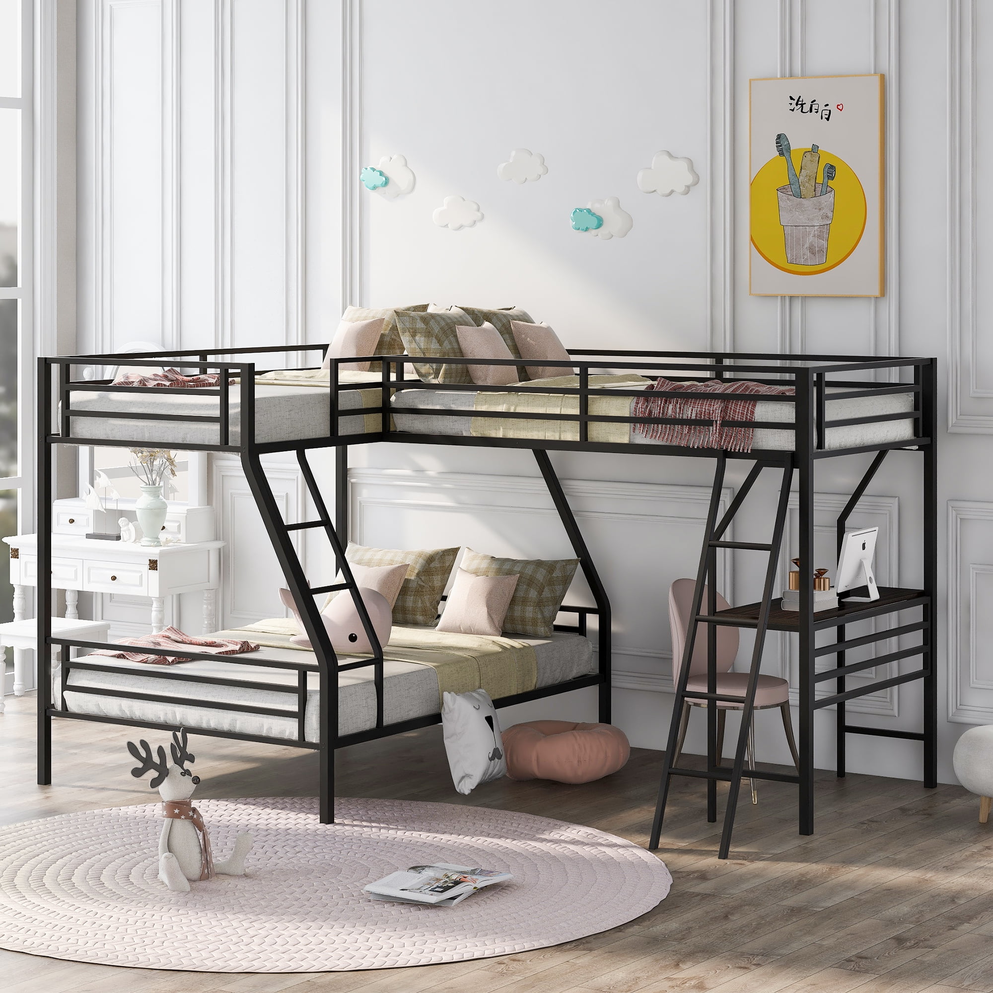 EUROCO Twin over Full L-Shaped Metal Bunk Bed and Twin Loft Bed, Three ...