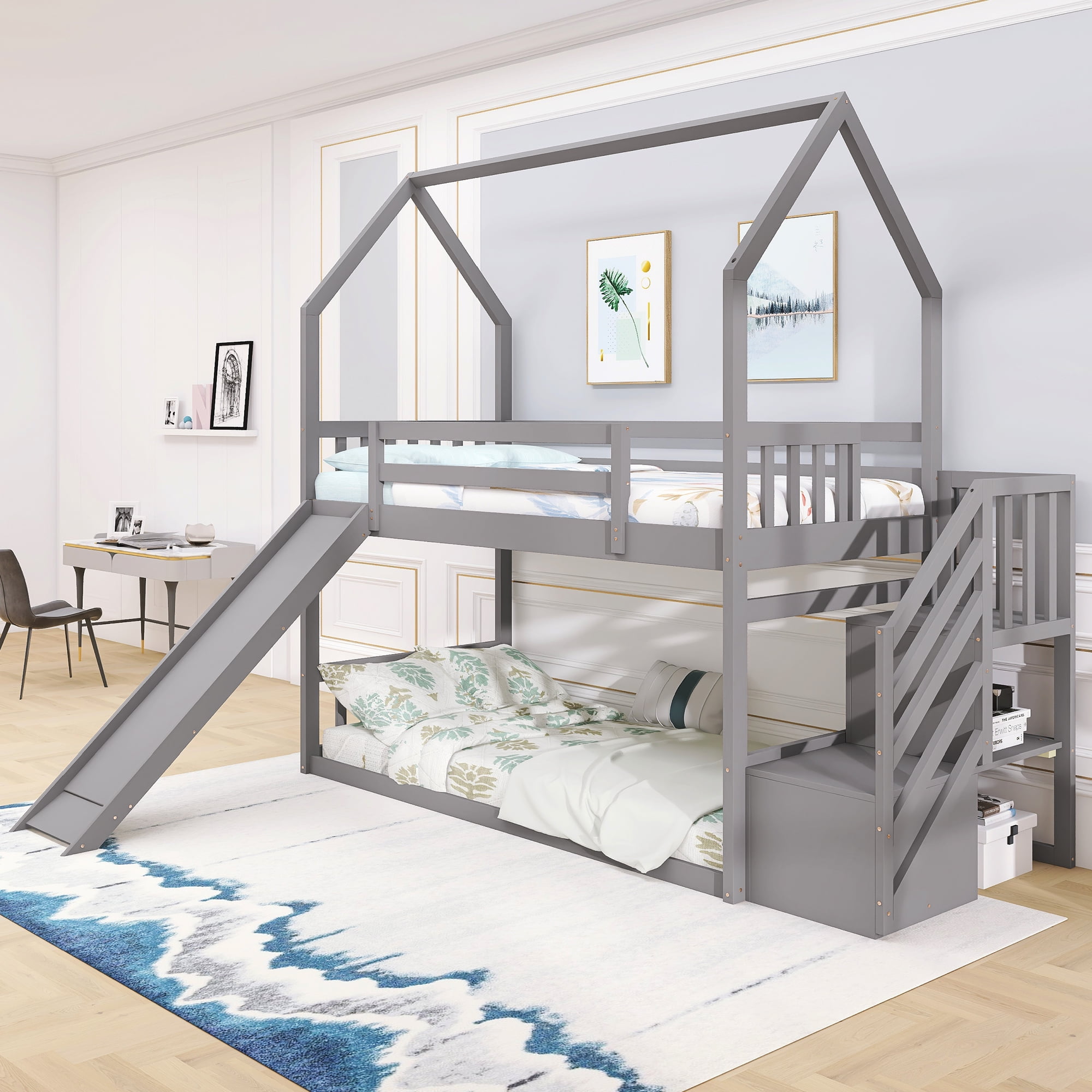 EUROCO Twin House Bunk Bed with Staircase for Kids Teens Bedroom, Solid Wood Bunk Bed with Storage, Gray