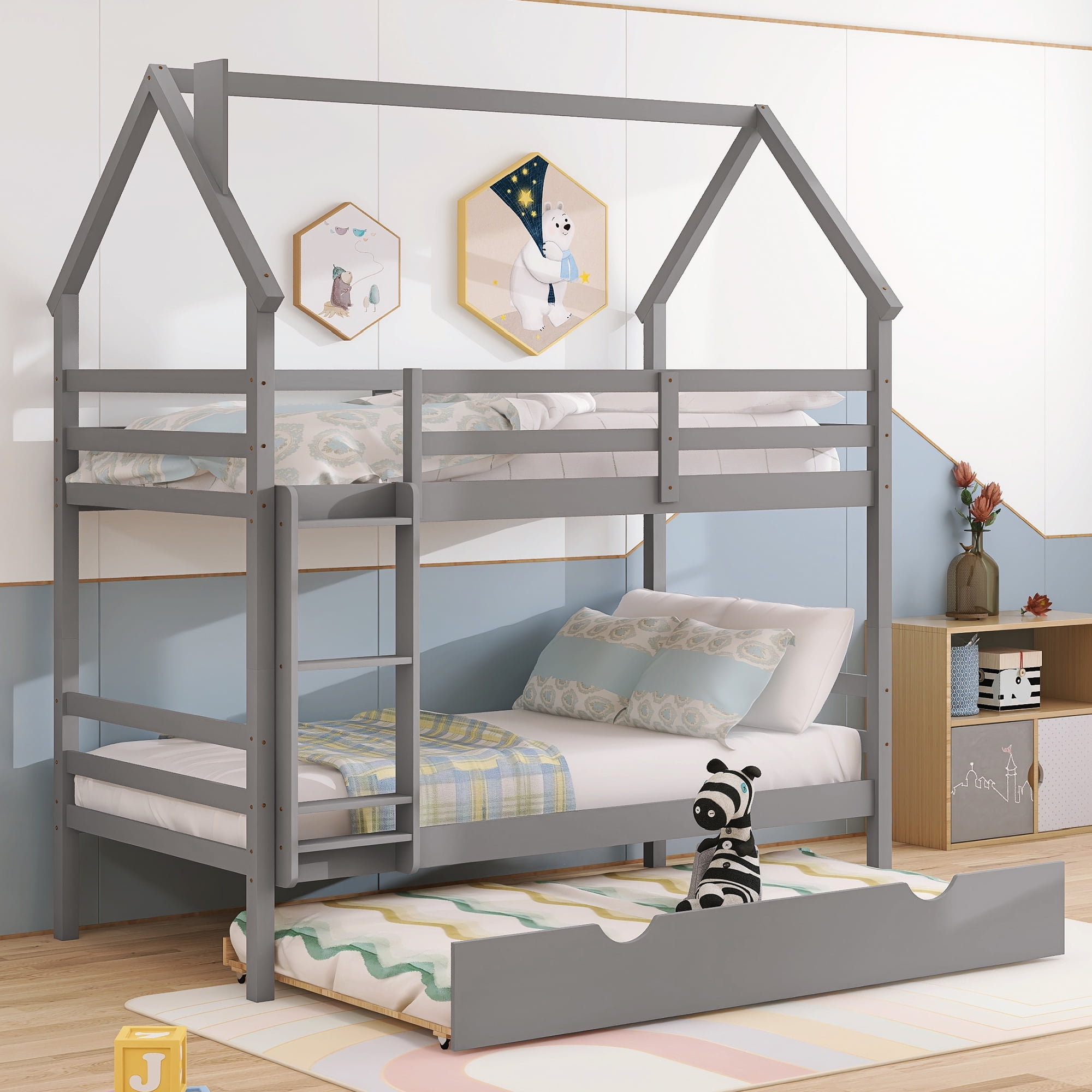 EUROCO Twin House Bunk Bed with Trundle for Kids Bedroom, Gray