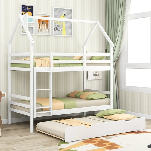 EUROCO Twin House Bunk Bed with Trundle for Kids Bedroom, White