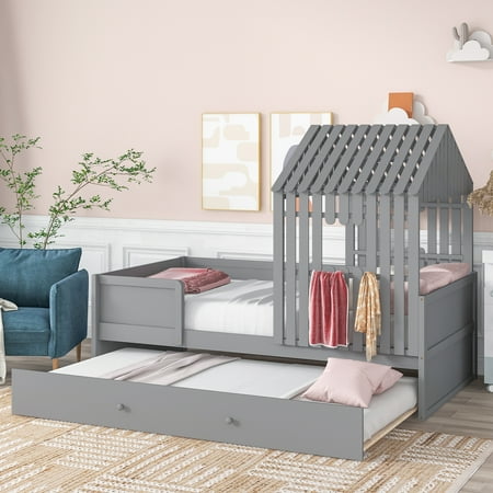 EUROCO Twin House Loft Bed with Roof and Trundle for Kids Bedroom, Gray
