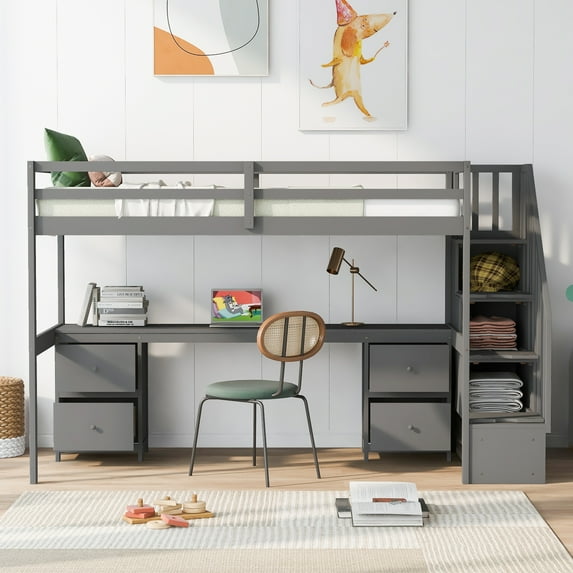 EUROCO Twin Loft Bed with Desk and 4 Drawers, Moveable Staircase for Kids Teens Adults, Gray