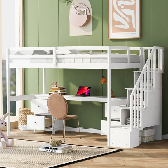 EUROCO Twin Loft Bed with Desk and 4 Drawers, Moveable Staircase for Kids Teens Adults, White