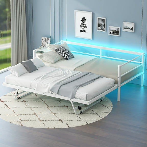EUROCO Twin Metal Daybed with Pop-up Trundle and LED Light for Child, Solid Metal, No Box Spring Needed, White