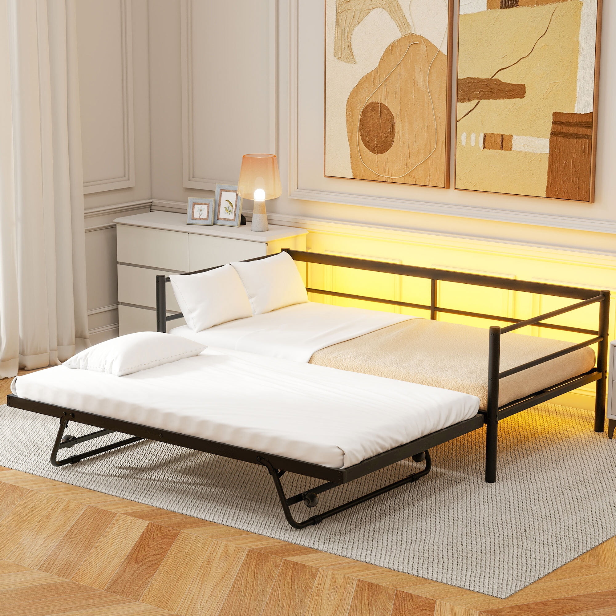 EUROCO Twin Metal Daybed with Pop-up Trundle and LED Light for Child, Solid Metal, No Box Spring Needed, Black