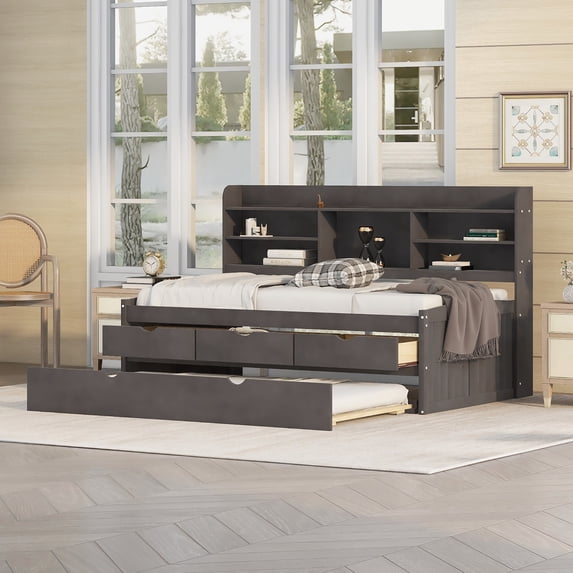 EUROCO Twin Size Captain Bed, Daybed with Trundle and Bookcase, Drawers and Shelf Platform, Espresso