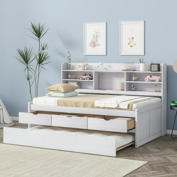 EUROCO Twin Size Captain Bed, Daybed with Trundle and Bookcase,Drawers and Shelf Platform Bed, White