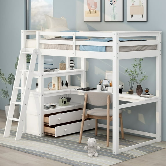 EUROCO Twin Size Loft Bed with Desk and Shelf, White