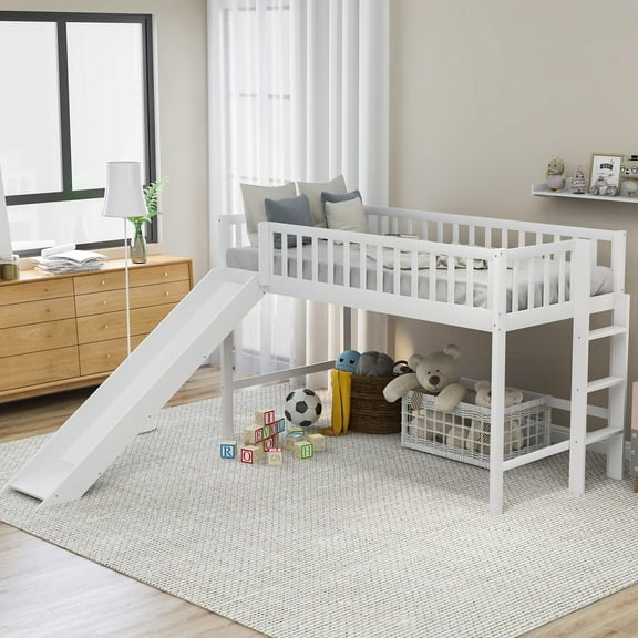 EUROCO Twin Size Loft Bed with Slide, High Profile Sturdy Wood Kids TeensStorage Bed, No Box Spring Needed, White