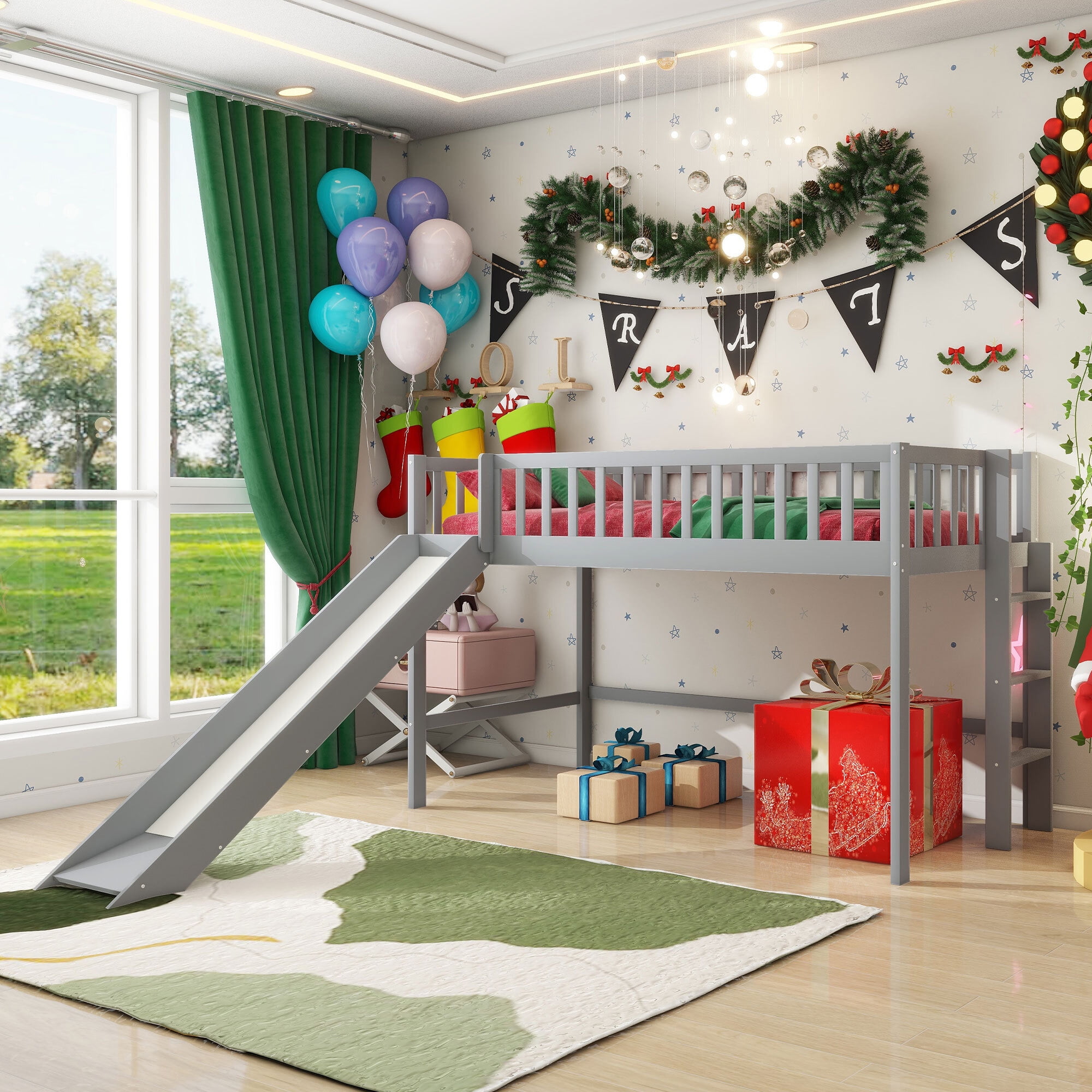 EUROCO Twin Size Loft Bed with Slide, Low Profile Sturdy Wood Kids