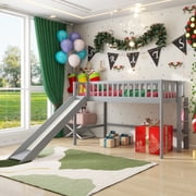 EUROCO Twin Size Loft Bed with Slide, Low Profile Sturdy Wood Kids Teens Storage Bed, No Box Spring Needed, Gray