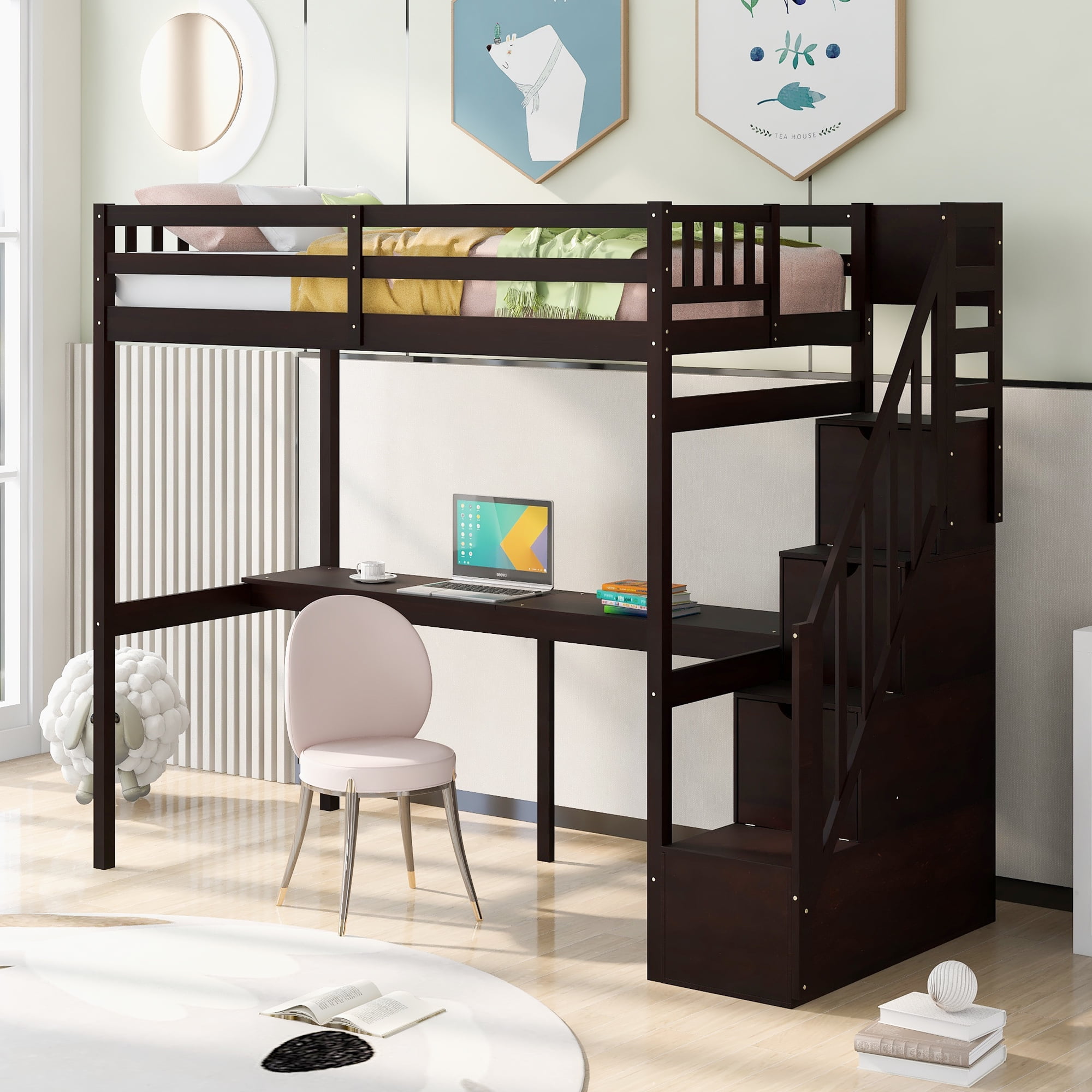 EUROCO Twin Size Loft Bed with Storage Staircase and Desk for Kids ...