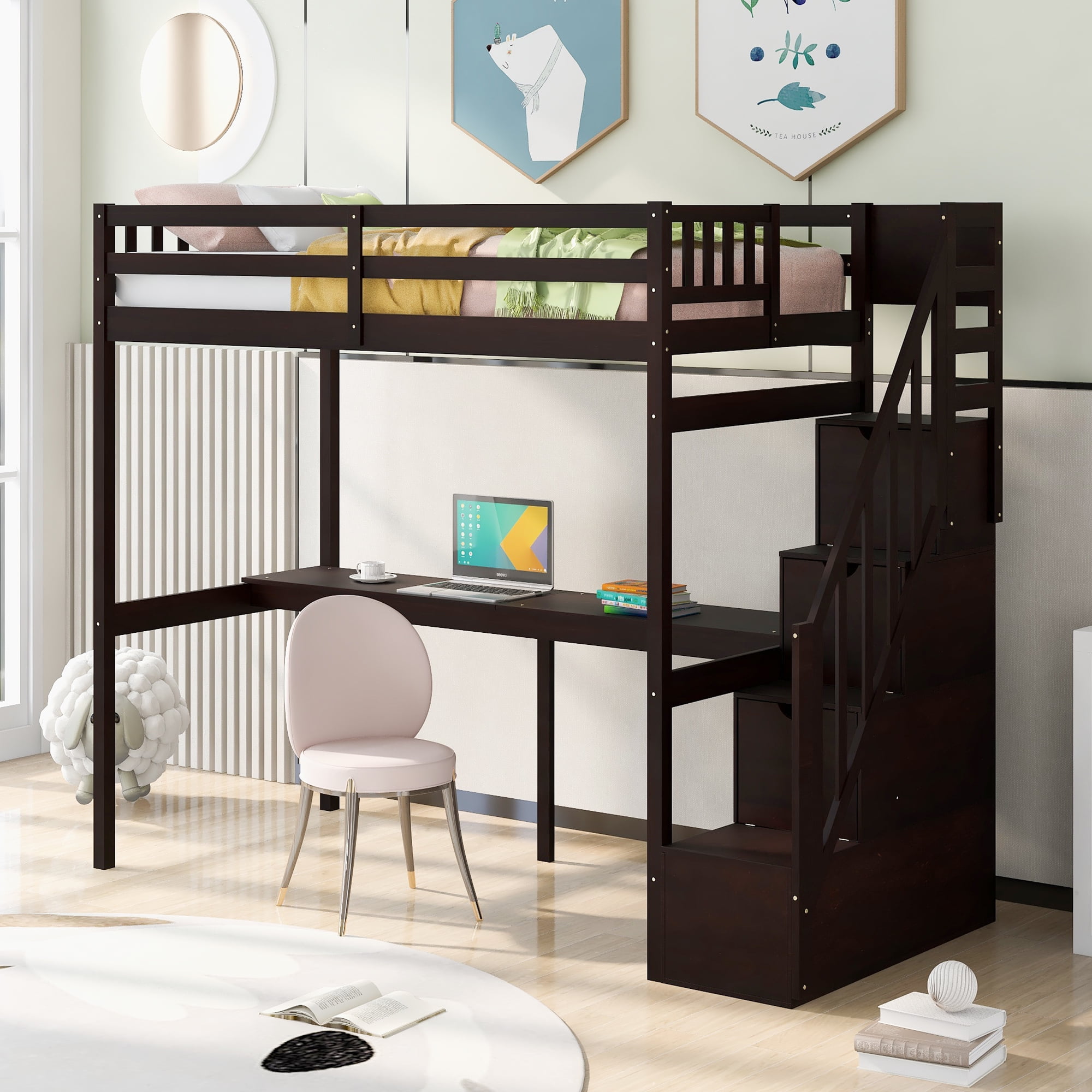 EUROCO Wooden Twin Size Loft Bed with Storage Staircase, Builtin Desk
