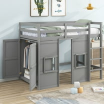 EUROCO Twin Size Loft Bed with Storage Wardrobe and Windows, Gray