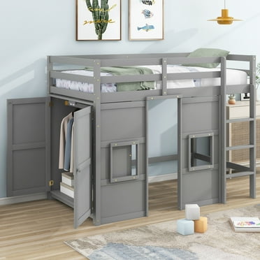 EUROCO Twin Size Loft Bed with Storage Wardrobe and Windows, Gray