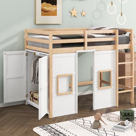 EUROCO Twin Size Loft Bed with Storage Wardrobe and Windows, White