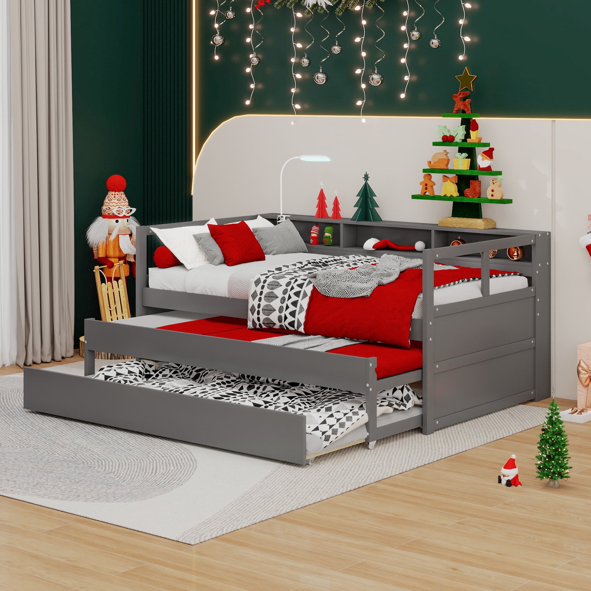 EUROCO Twin Size Platform Bed, Convertible Daybed with Light and USB Charging, 3 Beds in One, Gray