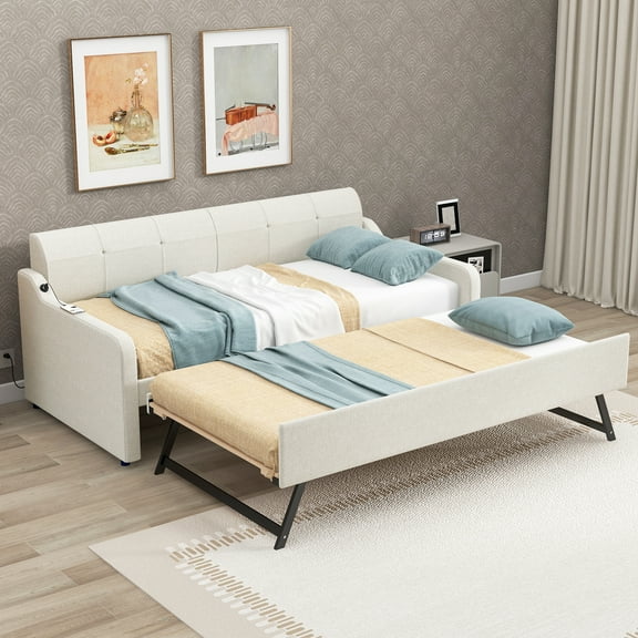 EUROCO Twin Size Upholstery Daybed with Trundle Bed, Wood Sofa Bed, Beige
