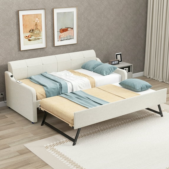EUROCO Twin Size Upholstery Daybed with Trundle Bed, Wood Sofa Bed, Beige
