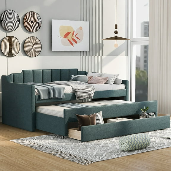 EUROCO Twin Size Upholstery Daybed, Storage Sofa Bed with Drawers and Moveable Twin Trundle Bed for Kids and Adults, No Box Spring Needed, Green