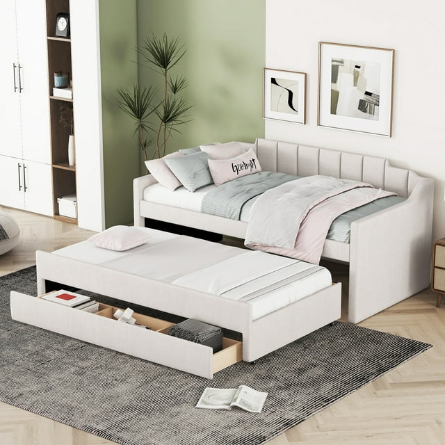 EUROCO Twin Size Upholstery Daybed with Trundle and Drawers for Bedroom