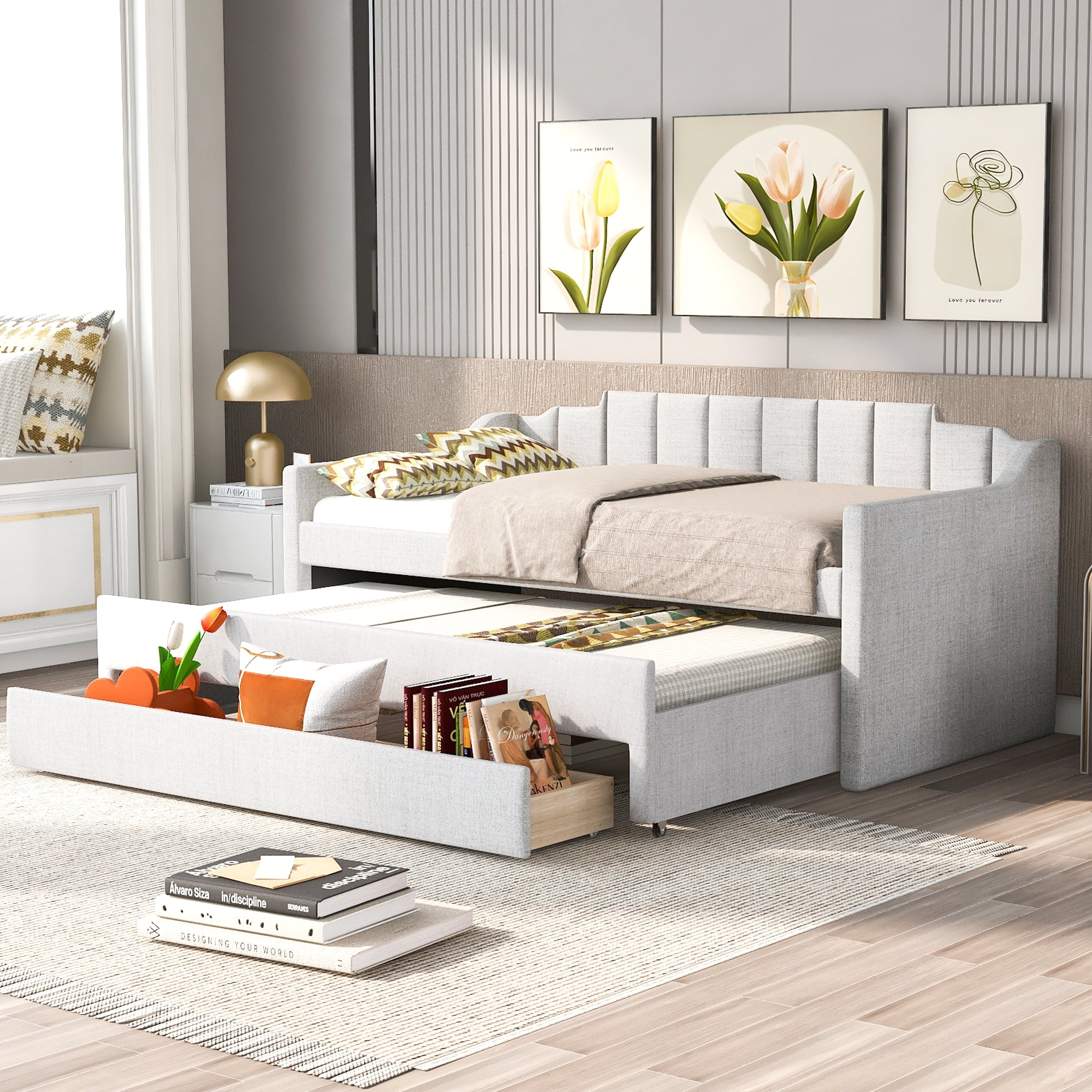 EUROCO Twin Size Upholstery Daybed with Trundle and Drawers for Bedroom