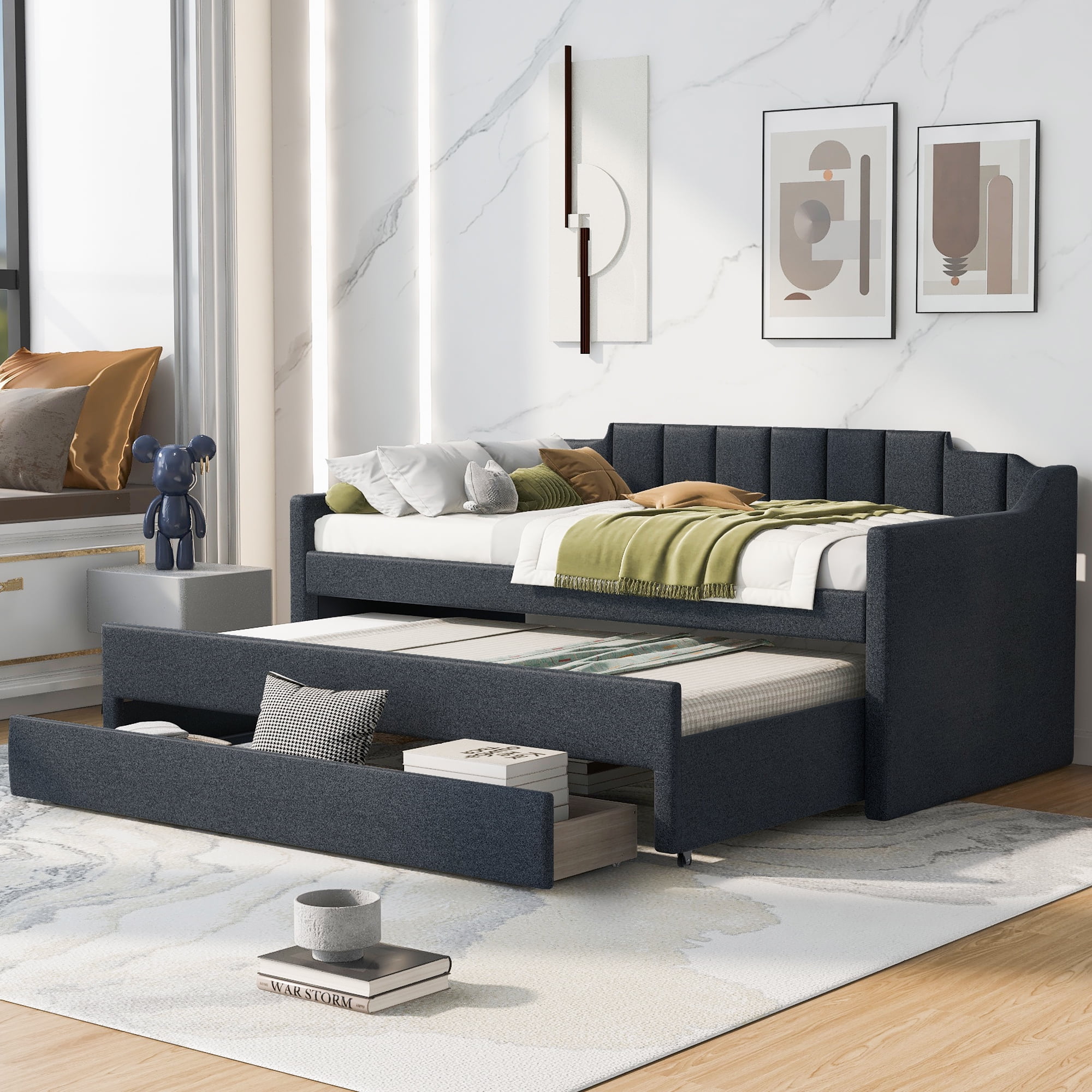 EUROCO Twin Size Upholstery Daybed with Trundle and Drawers for Bedroom, Storage Platform Bed ...