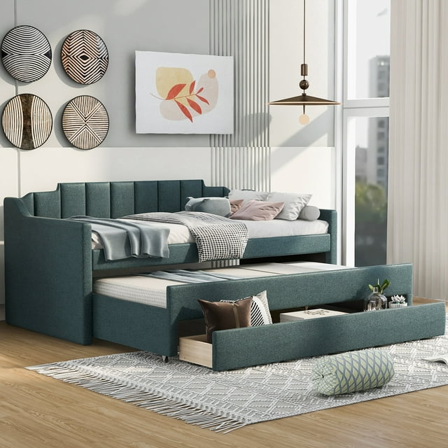 EUROCO Twin Size Upholstery Daybed, Storage Sofa Bed with Drawers and Moveable Twin Trundle Bed
