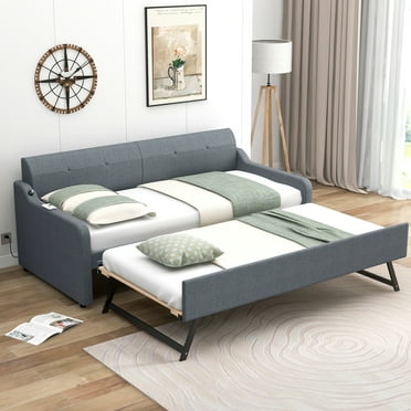 EUROCO Twin Size Upholstery Daybed with Convertible Trundle and USB Charging Station for Bedroom, Gray