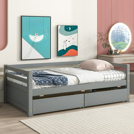 EUROCO Twin Wood Daybed, Sofa Bed with Two Drawers for Bedroom & Living Room, Gray