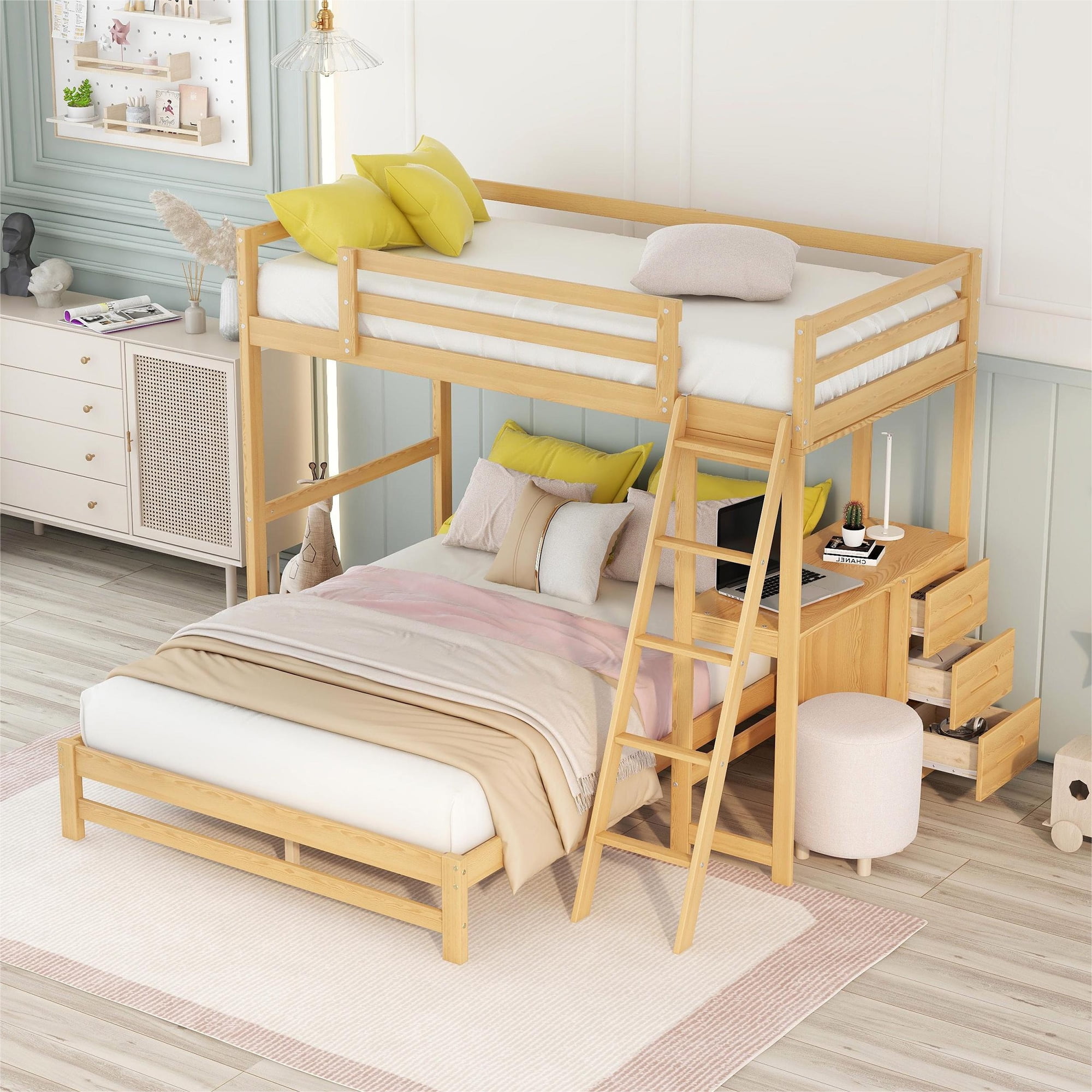 EUROCO Twin over Full Bunk Bed with Desk and Drawers for Kids Teens, Natural